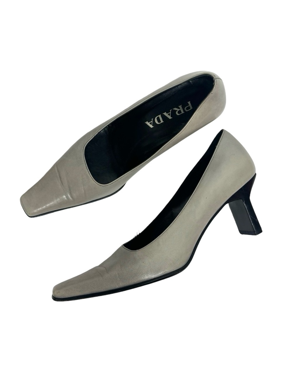 PRADA | Vintage 90s Grey Leather Square Toe Sculptural Block Heel Pump 36